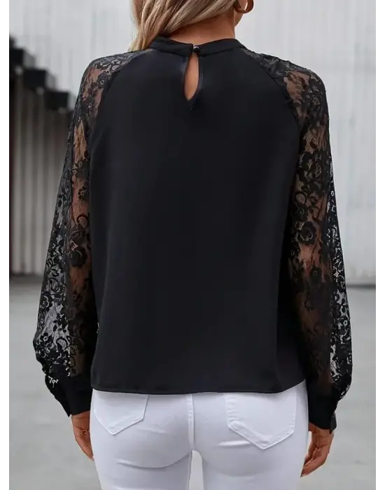 Kadın Uzun Dantel Kollu Yuvarlak Yakalı Sandy Bluz