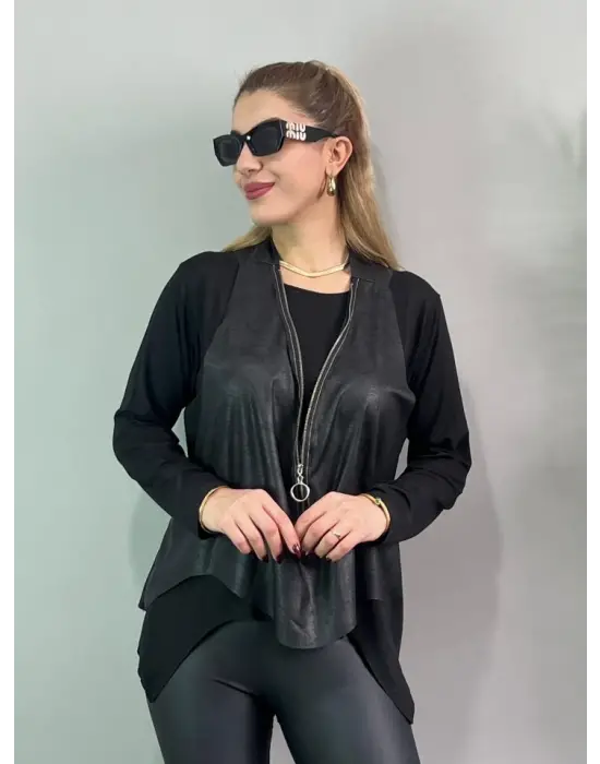 Kadın Uzun Kol Asimetrik Kesim Viskon Bluz Ve çatlak Deri Görünümlü Fermuar Detaylı Yelek Ikili Takım