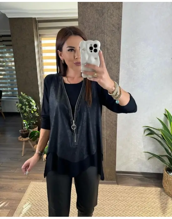 Kadın Uzun Kol Asimetrik Kesim Viskon Bluz Ve çatlak Deri Görünümlü Fermuar Detaylı Yelek Ikili Takım