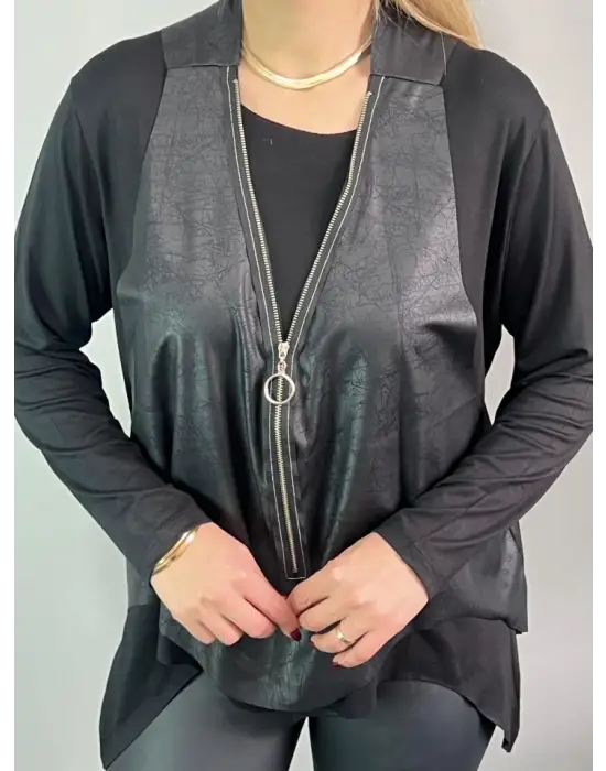 Kadın Uzun Kol Asimetrik Kesim Viskon Bluz Ve çatlak Deri Görünümlü Fermuar Detaylı Yelek Ikili Takım