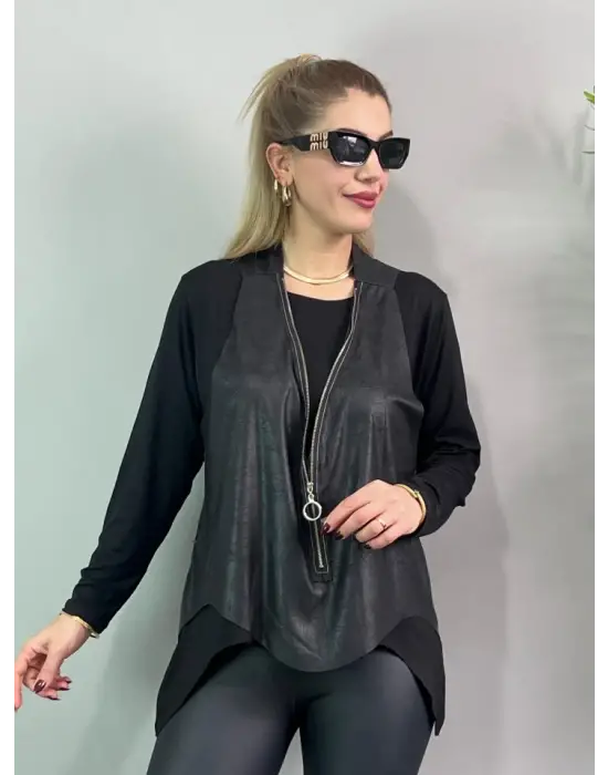 Kadın Uzun Kol Asimetrik Kesim Viskon Bluz Ve çatlak Deri Görünümlü Fermuar Detaylı Yelek Ikili Takım