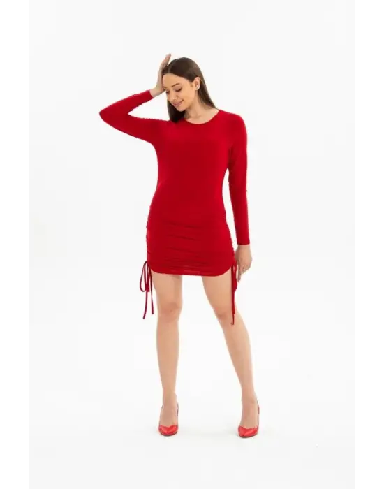 Omarı Kadın Uzun Kollu Büzgü Detaylı Ayarlanabilir Boy Elbise