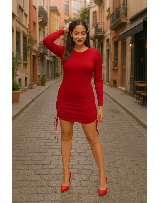 Omarı Kadın Uzun Kollu Büzgü Detaylı Ayarlanabilir Boy Elbise