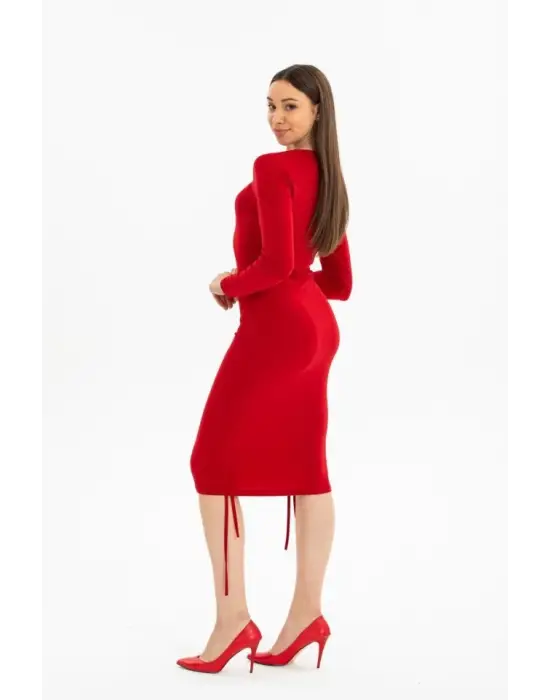 Omarı Kadın Uzun Kollu Büzgü Detaylı Ayarlanabilir Boy Elbise