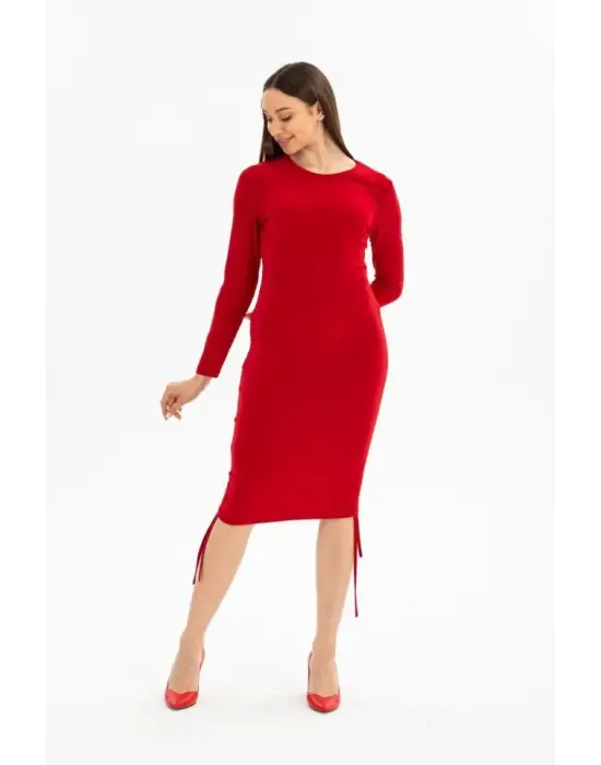 Omarı Kadın Uzun Kollu Büzgü Detaylı Ayarlanabilir Boy Elbise