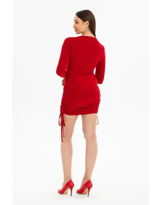 Omarı Kadın Uzun Kollu Büzgü Detaylı Ayarlanabilir Boy Elbise