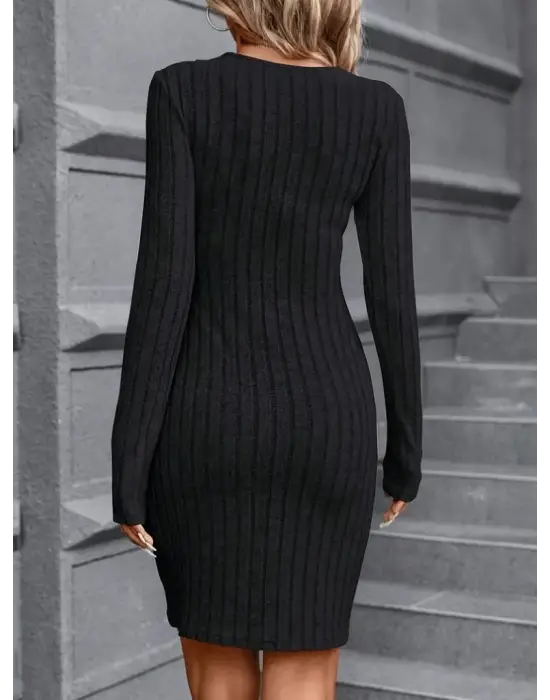 Kadın Uzun Kol Dantel Yaka Detaylı Kısa şardonlu Elbise