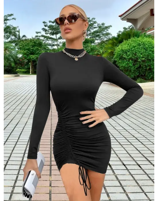 Kadın Uzun Kol Sağ Belden Sol Etek Ucuna Doğru Hafif çapraz Büzgülü Sandy Mini Boy Elbise