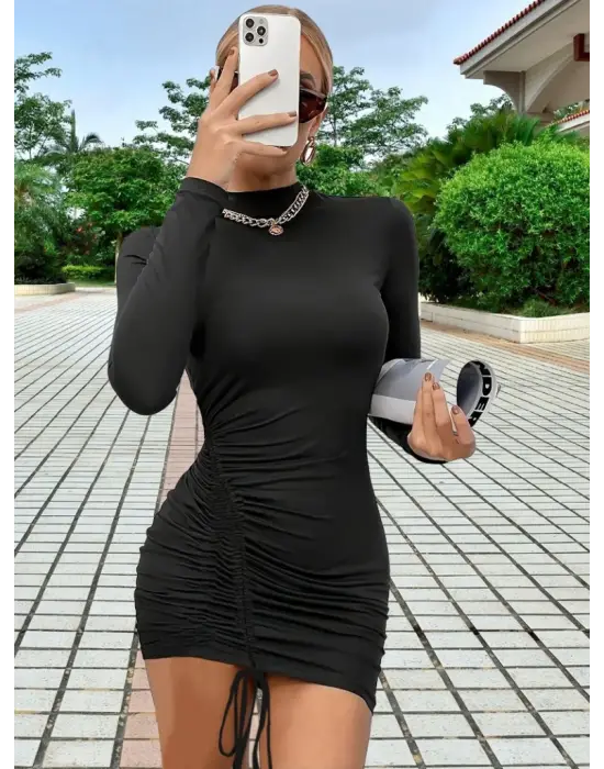 Kadın Uzun Kol Sağ Belden Sol Etek Ucuna Doğru Hafif çapraz Büzgülü Sandy Mini Boy Elbise