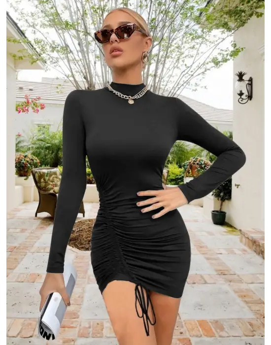 Kadın Uzun Kol Sağ Belden Sol Etek Ucuna Doğru Hafif çapraz Büzgülü Sandy Mini Boy Elbise