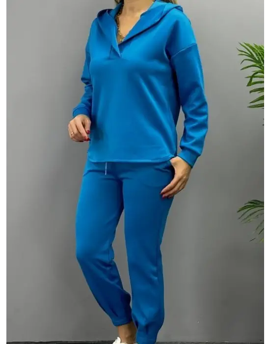 Kadın Uzun Kol V Yaka Kapüşon Detay Sweat Ve Yüksel Bel Eşofman Ikili Takım