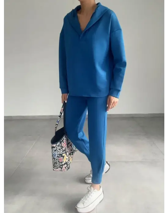 Kadın Uzun Kol V Yaka Kapüşon Detay Sweat Ve Yüksel Bel Eşofman Ikili Takım