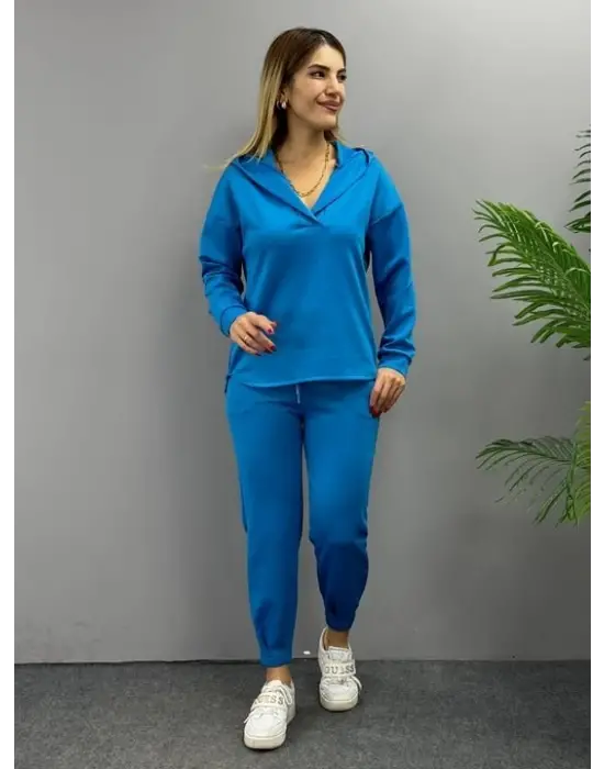 Kadın Uzun Kol V Yaka Kapüşon Detay Sweat Ve Yüksel Bel Eşofman Ikili Takım
