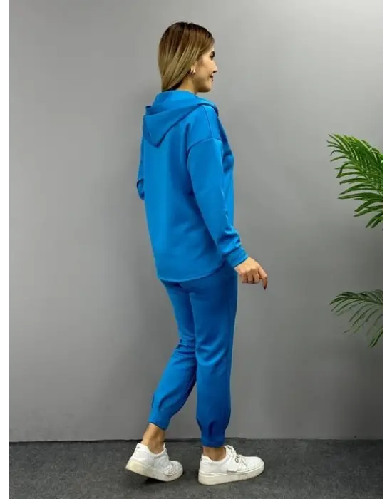 Kadın Uzun Kol V Yaka Kapüşon Detay Sweat Ve Yüksel Bel Eşofman Ikili Takım