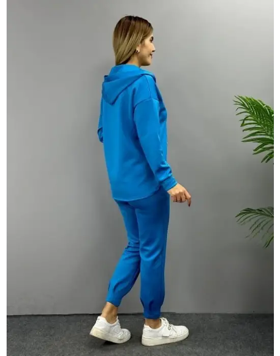 Kadın Uzun Kol V Yaka Kapüşon Detay Sweat Ve Yüksel Bel Eşofman Ikili Takım