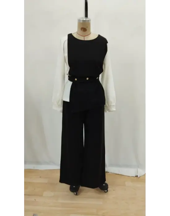 Kadın Uzun Kollu Açık Yakalı çift Renkli Kemerli Ithal Krep Ikili Takım