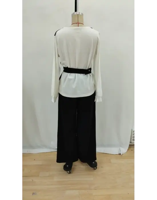 Kadın Uzun Kollu Açık Yakalı çift Renkli Kemerli Ithal Krep Ikili Takım