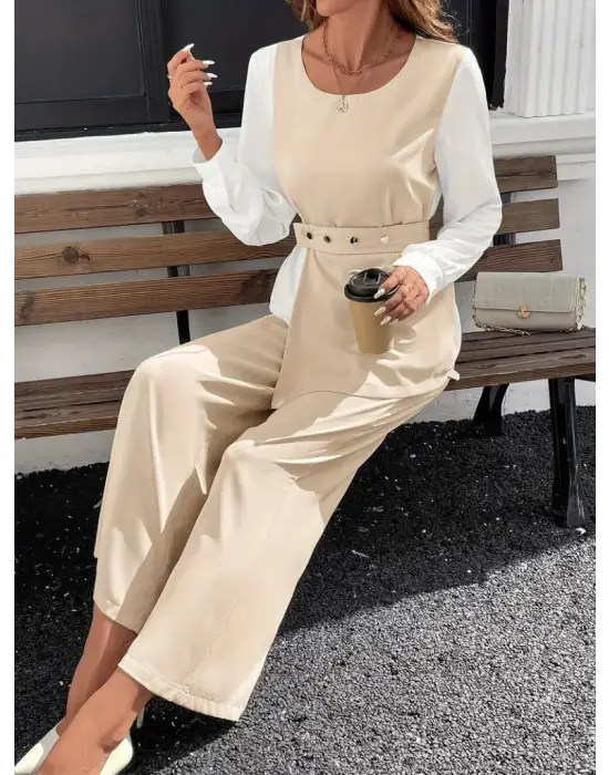 Kadın Uzun Kollu Açık Yakalı çift Renkli Kemerli Ithal Krep Ikili Takım