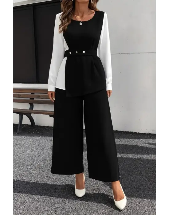 Kadın Uzun Kollu Açık Yakalı çift Renkli Kemerli Ithal Krep Ikili Takım