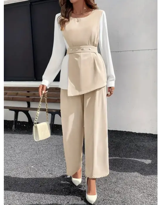 Kadın Uzun Kollu Açık Yakalı çift Renkli Kemerli Ithal Krep Ikili Takım