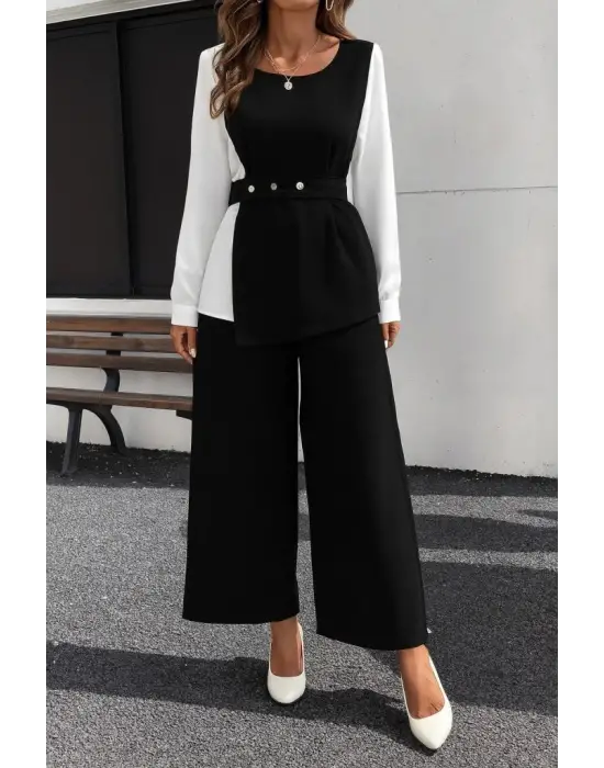 Kadın Uzun Kollu Açık Yakalı çift Renkli Kemerli Ithal Krep Ikili Takım