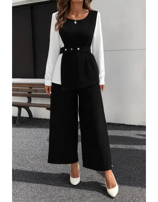 Kadın Uzun Kollu Açık Yakalı çift Renkli Kemerli Ithal Krep Ikili Takım