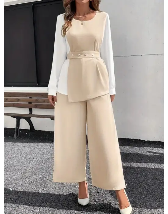 Kadın Uzun Kollu Açık Yakalı çift Renkli Kemerli Ithal Krep Ikili Takım