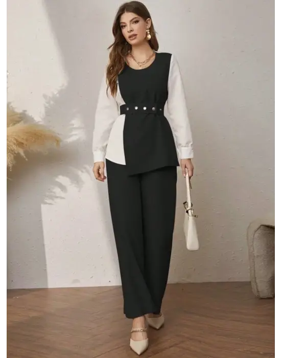 Kadın Uzun Kollu Açık Yakalı çift Renkli Kemerli Ithal Krep Ikili Takım