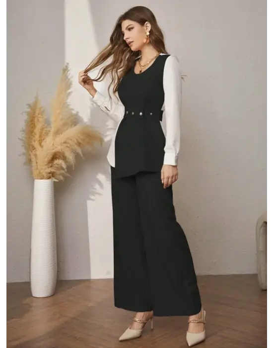 Kadın Uzun Kollu Açık Yakalı çift Renkli Kemerli Ithal Krep Ikili Takım