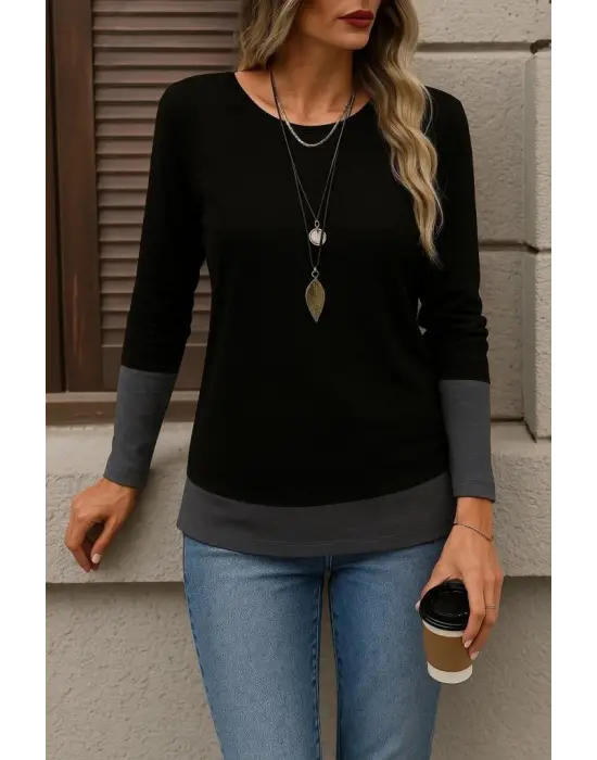 Kadın Uzun Kollu Açık Yuvarlak Yaka Blok Renkli Viskon Bluz