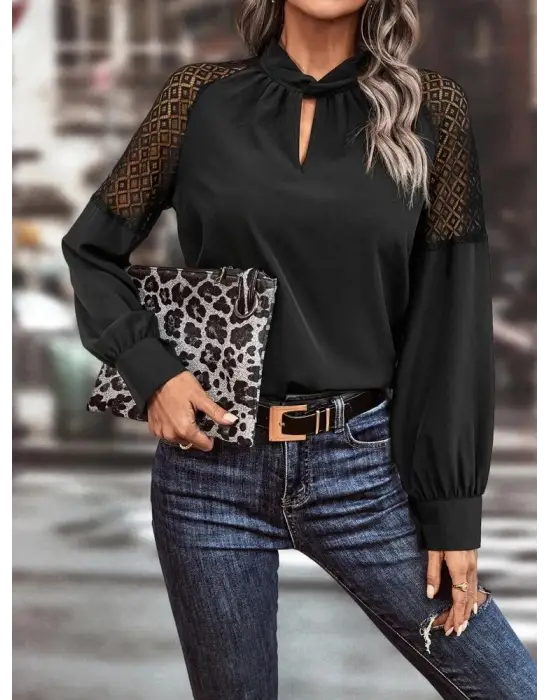 Kadın Uzun Kollu Anahtar Deliği Yaka Reglan Kol Dantel Detaylı Ithal Krep Bluz