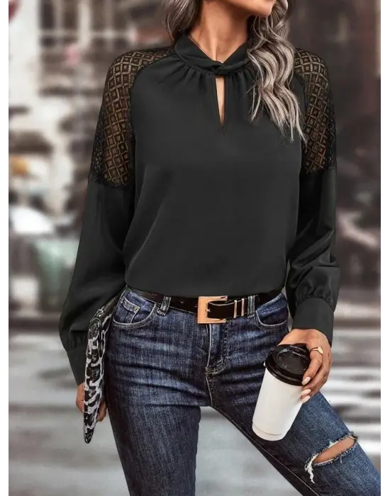 Kadın Uzun Kollu Anahtar Deliği Yaka Reglan Kol Dantel Detaylı Ithal Krep Bluz