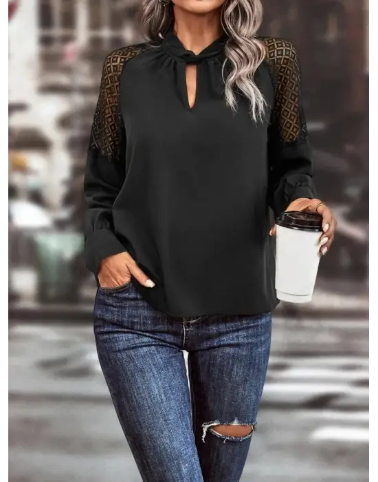 Kadın Uzun Kollu Anahtar Deliği Yaka Reglan Kol Dantel Detaylı Ithal Krep Bluz