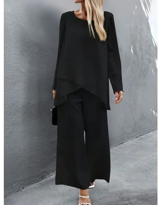 Kadın Uzun Kollu Asimetrik Detaylı Salaş Sandy Bluz Ve Pantolon Ikili Takım