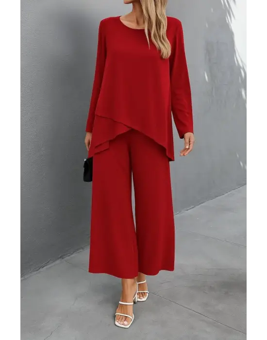 Kadın Uzun Kollu Asimetrik Detaylı Salaş Sandy Bluz Ve Pantolon Ikili Takım