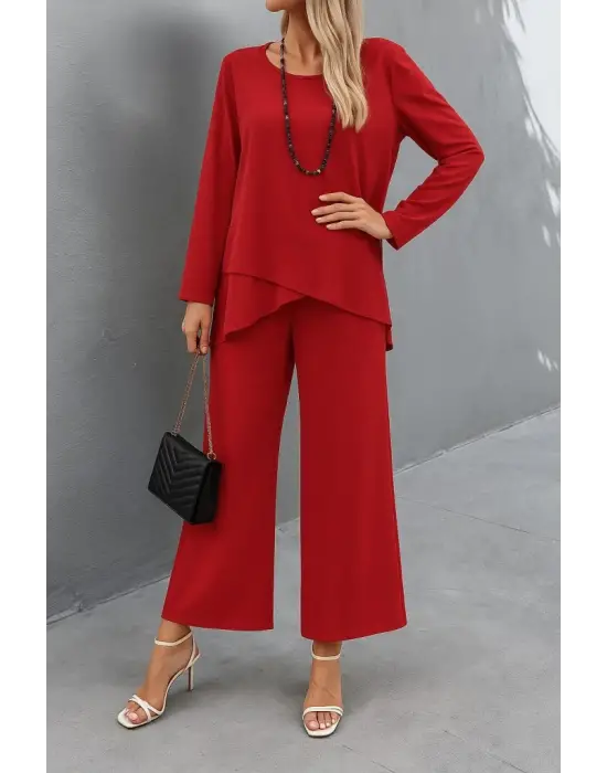 Kadın Uzun Kollu Asimetrik Detaylı Salaş Sandy Bluz Ve Pantolon Ikili Takım