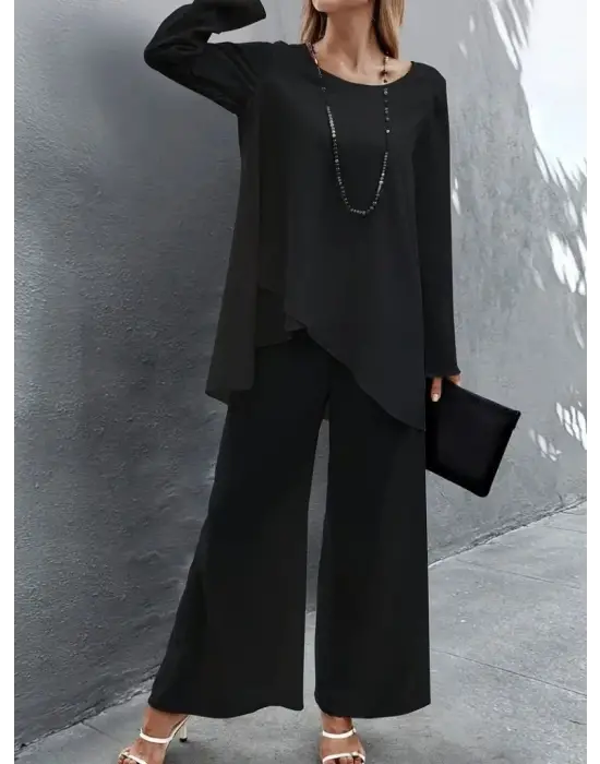 Kadın Uzun Kollu Asimetrik Detaylı Salaş Sandy Bluz Ve Pantolon Ikili Takım