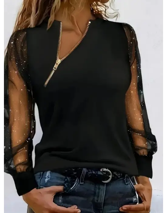 Kadın Uzun Kollu Asimetrik Fermuar Detaylı Viskon Iki Iplik Bluz