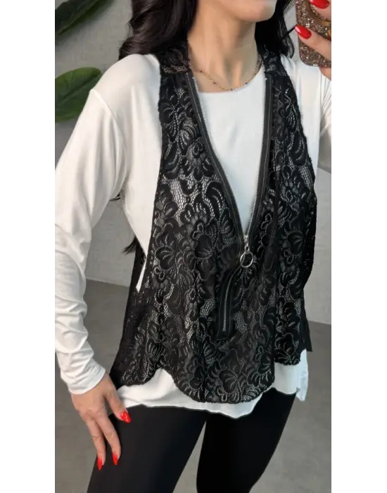 Kadın Uzun Kollu Asimetrik Kesim Bluz Ve Dantel Güpür Transparan Detay Fermuarlı Yelek Ikili Takım