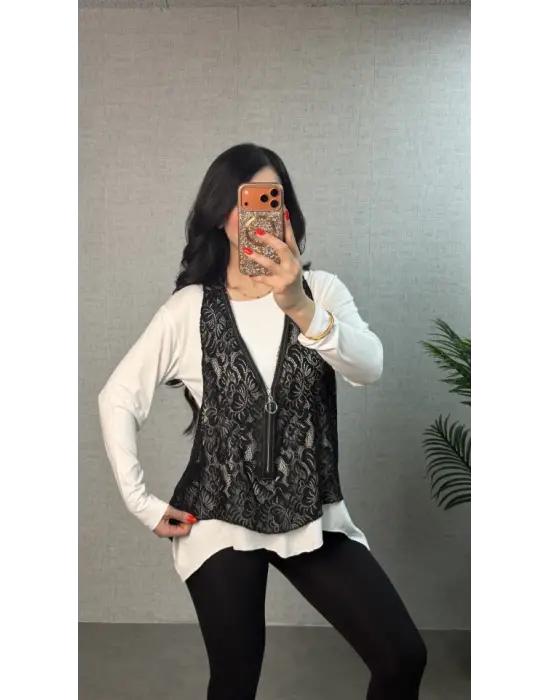 Kadın Uzun Kollu Asimetrik Kesim Bluz Ve Dantel Güpür Transparan Detay Fermuarlı Yelek Ikili Takım