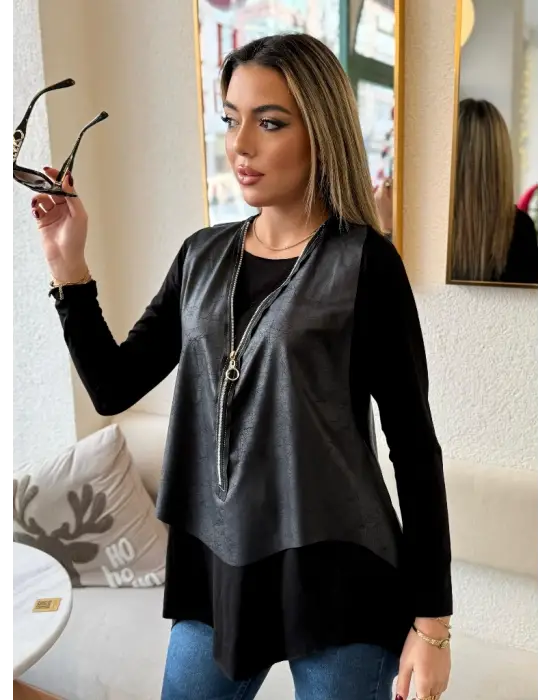 Kadın Uzun Kollu Asimetrik Kesim Viskon Bluz Ve çatlak Deri Görünümlü Yelek Ikili Takım