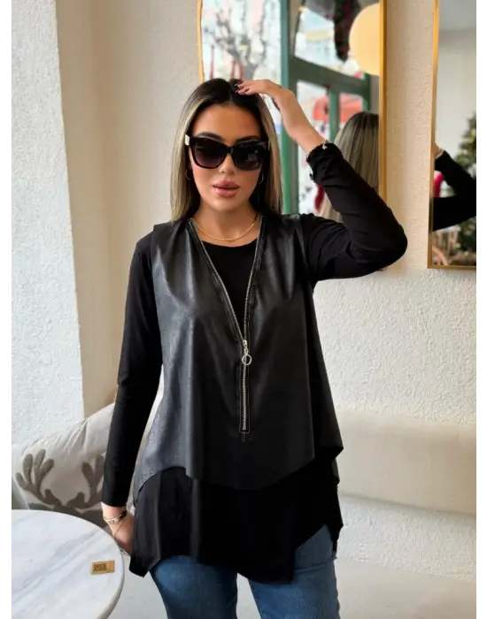 Kadın Uzun Kollu Asimetrik Kesim Viskon Bluz Ve çatlak Deri Görünümlü Yelek Ikili Takım