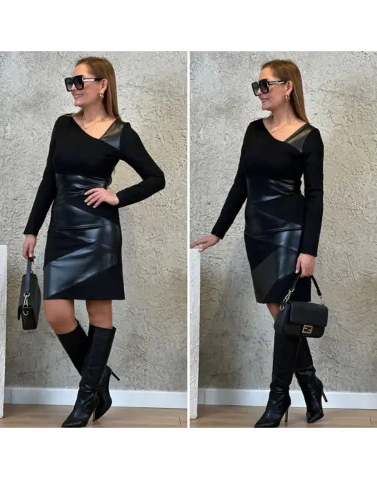 Kadın Uzun Kollu Asimetrik Yaka Süet Ve Deri Mini Boy Elbise