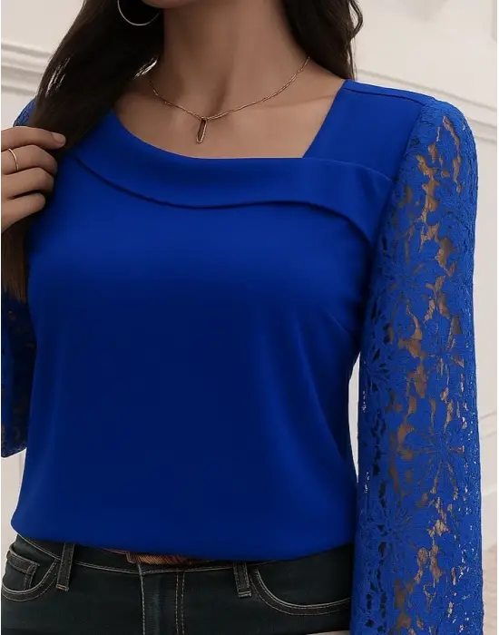 Kadın Uzun Kollu Asimetrik Yakalı Dantelli Ithal Krep Bluz