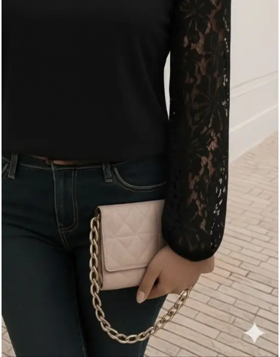 Kadın Uzun Kollu Asimetrik Yakalı Dantelli Ithal Krep Bluz