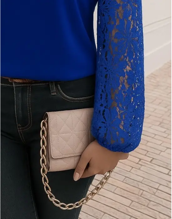 Kadın Uzun Kollu Asimetrik Yakalı Dantelli Ithal Krep Bluz