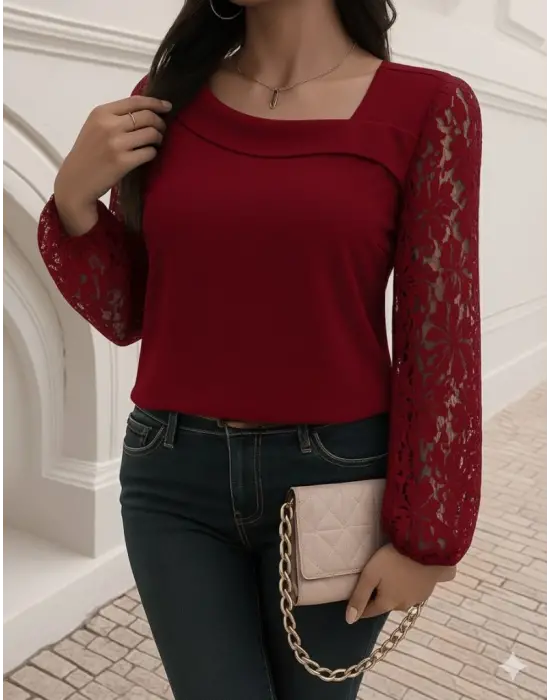 Kadın Uzun Kollu Asimetrik Yakalı Dantelli Ithal Krep Bluz