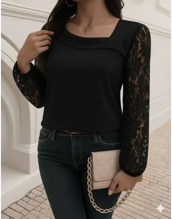 Kadın Uzun Kollu Asimetrik Yakalı Dantelli Ithal Krep Bluz