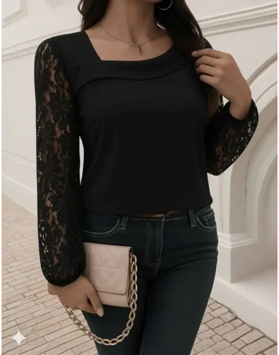 Kadın Uzun Kollu Asimetrik Yakalı Dantelli Ithal Krep Bluz