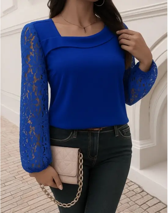 Kadın Uzun Kollu Asimetrik Yakalı Dantelli Ithal Krep Bluz